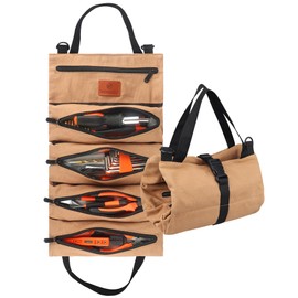 Wessleco Tool Roll Organizer, Wrench Roll Up Pouch Bag with 5 Zipper Pockets Canvas Tool Roll, 16 OZ Canvas Wrench Tool Organizer for Electrician (Khaki)