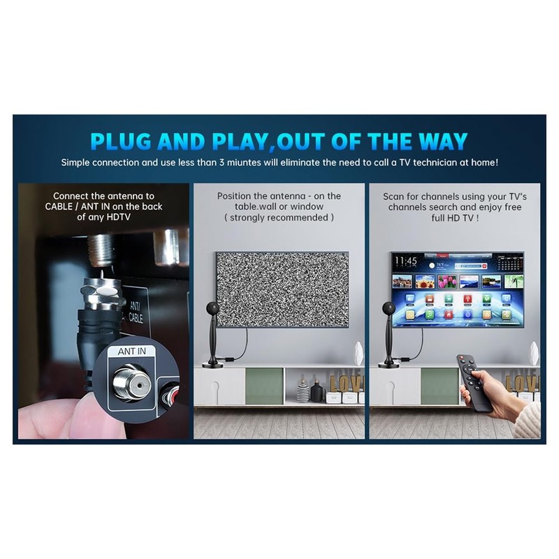 Peakloong Enhanced 4K/1080P HD TV Antenna, Omnidirectional, Amplifier Included, Indoor/Outdoor,