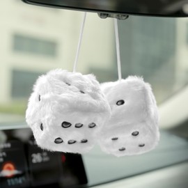 YGMONER White Fuzzy Dice for Rear View Mirror, Pair of 2.75" Plush Dice Retro Hanging Ornaments Car Interior Rearview Mirror Decor Accessories (White)
