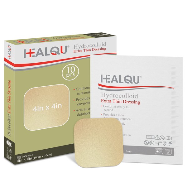 Healqu Hydrocolloid Wound Dressing - 4x4" Thin - Box of 10 Large Bandages - Sterilized Bordered Hydrocolloid Patches for Bed Sores, Abrasions, and More - Waterproof and Absorbent with Protective