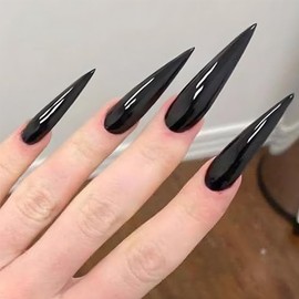 Long Press on Nails, Almond Press on Nails Tip Fake Nails, Solid Colour False Nails with Black Gloss Press ons Designs Acrylic Nails Press on Artificial Nails Stick on Nails For Women 24Pcs