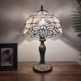 enjoy decor lamps White Stained Glass Table Lamp Baroque Style LED Bulb Included for Bedroom Living Room 12" W*12" D*19" H