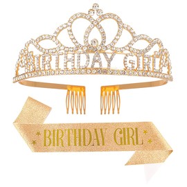 Papoopy Papoopy Birthday Tiara and Crown with Sash for Women, Hair Accessories for Wedding Party Costume (A1 - Gold)