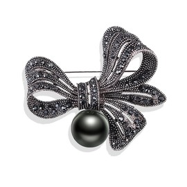 Vintage Rhinestone Crystal Bow Brooch Pin with Black Pearl for Women Delicate Black Bow Brooch Classic Antique Victorian Style Prom Wedding Jewelry-B