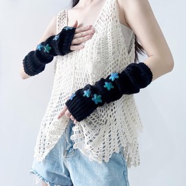 SEENFAAN Women's Arm Warmers, Mine-type, Plain Arm Cover, Long, Star, Y2K, Cold Protection, Sunscreen, Finger Holes, Breathable, Stretch, UV Protection, Scar Shield, Knit Arm Sleeve, Warm, Knit Gloves