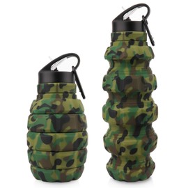 PenghaiYunfei Collapsible Travel Water Bottle19.6 oz, Reuseable Silicone Foldable Water Bottles for Gym Camping Hiking, Portable Leak Proof Sports Water Bottle with Carabiner (Army green camouflage)