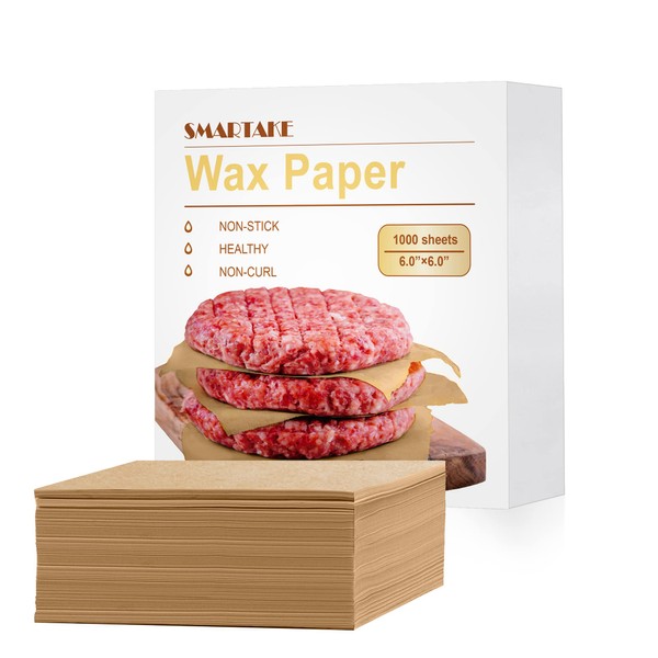 SMARTAKE 6 x 6 Inches Wax Paper, 1000 Pcs Non-Stick Hamburger Patty Paper, Square Sandwich Separators Wrap Paper, for Lunch, Restaurants, Barbecues, Picnics, Parties, Barbecue, Unbleached