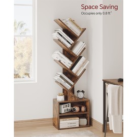 SUNMORY 6 Tier Tree Bookshelf, Small Bookcase with Storage Cabinet, Modern Tall Narrow Bookshelves Organizer, Floor Standing Book Shelf for Bedroom/Living Room/Home Office/Corner, Rustic Brown