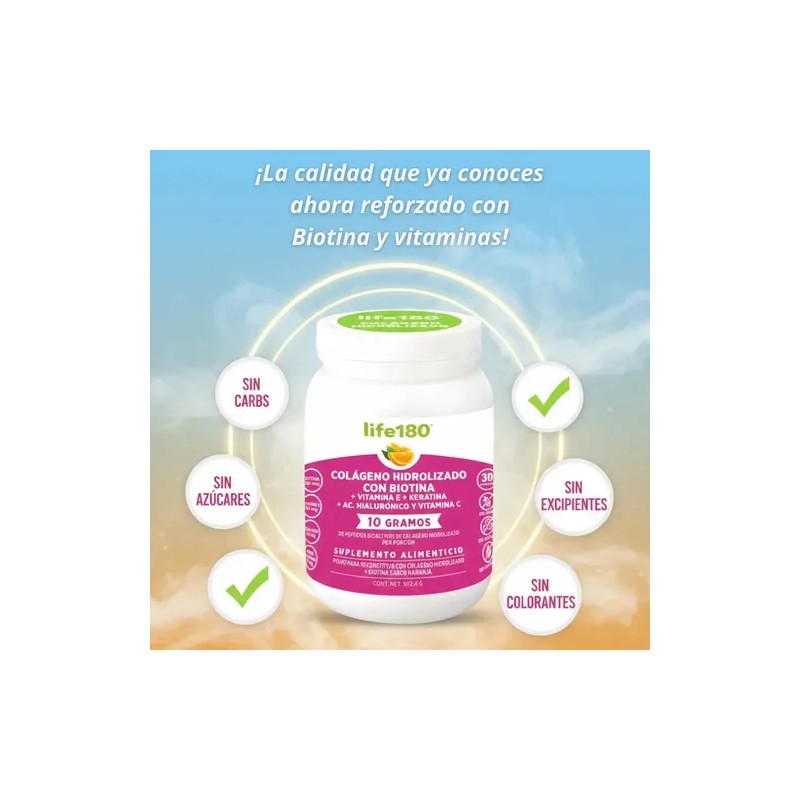 Colágeno Hidrolizado Biotina Vitamina E Keratina Life180 en Polvo de