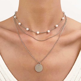 Allereya Vintage Layered Coin Disc Necklace Silver Pearl Station Chain Necklace Coin Pendant Necklace Layering Coin Choker Necklace Jewelry for Women and Girls (Silver)