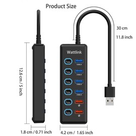 USB Hub, 6-Port USB 3.0 Hub Splitter (4 USB 3.0 Data Ports + 2 QC 3.0 Fast Charging Ports) with Individual LED Switches for Mac, PC(no Power Supply)