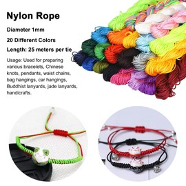 Rairsky 20 Pieces Premium Silk Nylon Cord, Macrame Cord 1mm, Chinese Knotting Cord, Macrame Thread Hair Braiding for Friendship Bracelet Necklace DIY Craft Jewellery Making(20 Colors, 25m Each Color)