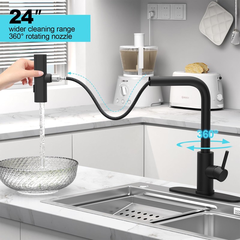 AVSIILE Matte Black Waterfall Kitchen Faucets with Pull Down Sprayer,