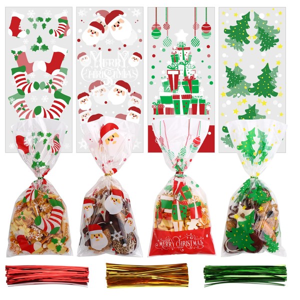 DERAYEE 120pcs Sachet Bonbon Noël, Sachet Plastique Transparent avec 150 Bandes Torsadées-Sac de Biscuits et de Cadeaux