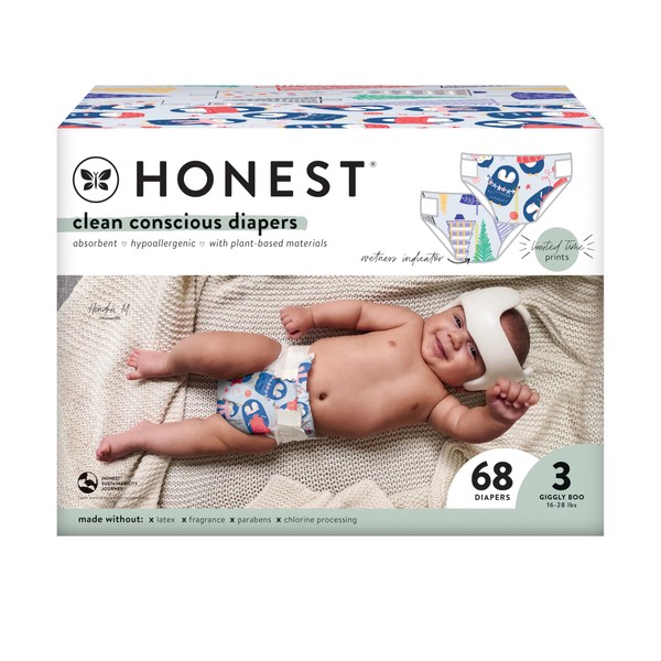The Honest Company Clean Conscious Diapers | Plant-Based, Sustainable | Winter '23 Limited Edition Prints | Club Box, Size 3 (16-28 lbs), 68 Count