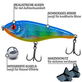 Jerkbait Pike I 15 cm, 80 g Slow Sinking for Large Pikes, Wobbler Jerkbait Pike Fishing, Artificial Bait, Fishing Lure Predatory Fish, UV-Active Jerkbaits (Ghost UV)