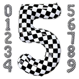 Checkered Number 5 Balloons 40 Inch Giant Race Car Checkered 5 Balloons for Racing Car Checkered Birthday Party Supplies