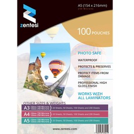 Zentesi A5 Laminating Pouches High Gloss Laminator Sleeves 250 Micron (125 + 125 Microns) Glossy Laminate Pouch Sheets - Pack of 100