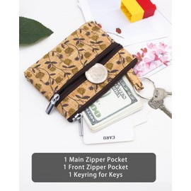 Eco-friendly Cork Coin Purse, Mini Pouch Card Change Vegan Wallet w Key Ring (Green Flower)