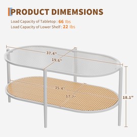 GarveeHome 2-Tier Rattan Coffee Table, Boho Oval Coffe Table with Tempered Glass Top, Farmhouse Water-Wave Glass Metal Tea Center Tables Storage Shelf Decor for Living Room Office Home - White