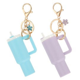 PATIKIL Mini Tumbler Keychain, 2Pcs Mini Cup Keychain Lip Balm Holder Cute Charm Key Chain for Backpack Charm Women Purse Handbags, Blue, Light Purple Flower
