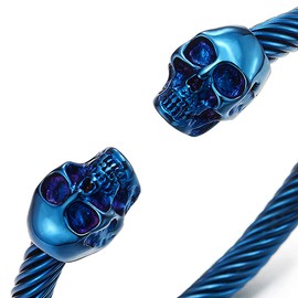 Unique Elastic Adjustable Men Blue Skull Cuff Bangle Stainless Steel Twisted Cable Bracelet Polished(CA)
