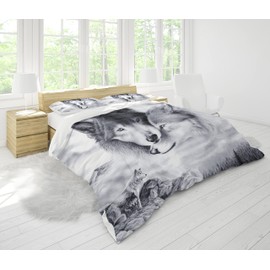 SHUAIG Bettwäsche Set,Bettwäsche Bettbezug 3D Wolf Theme Muster Bettbezug,Traumfänger Drucken 3 Teilig,Microfaser Bettwäsche. (Zwei graue Wölfe, 135 x 200 cm)