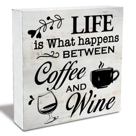 Rustic Coffee Wine Wood Box Sign Life is What happens Between Coffee and Wine Wooden Box Sign Home Kitchen Wine Bar Desk Shelf Decor (5 X 5 Inch)