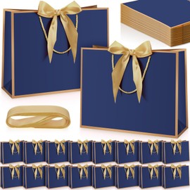 Kolldenn 50 Pcs Metallic Gift Bags with Handle 12.6 x 10 x 4.3 Inch Navy Blue Gold Thank You Bag with Bow Ribbon for Christmas Wedding Birthday Bridal Shower Bridesmaid Graduation Party Favor