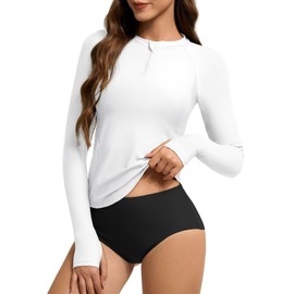 Women's Rash Guard Swim Top Long Sleeve Bathing Suits Modest Athletic Surf Swimwear, White M