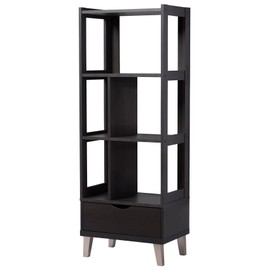 Baxton Studio Kalien Modern & Contemporary Wood Leaning Bookcase with Display Shelves & One Drawer, Dark Brown