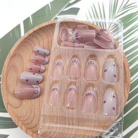 Short Press on Nails Oval Fake Nails with Red Bow Stars Designs Gray French Tip Glue on Nails Press ons Nude Translucent False Nails Spring Acrylic Glossy Artificial Stick on Nails for Women 24Pcs