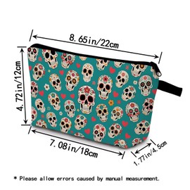YULUENZE Floral Skull Makeup Bag Cute Small Organizer Bag with Zipper Mexican Folk Art Sugar Skull Cosmetic Bag Aesthetic Birthday Present for Women Friends -1