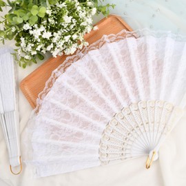 Elovara 10 Pcs White Lace Embroidery Folding Hand Fans for Wedding Party