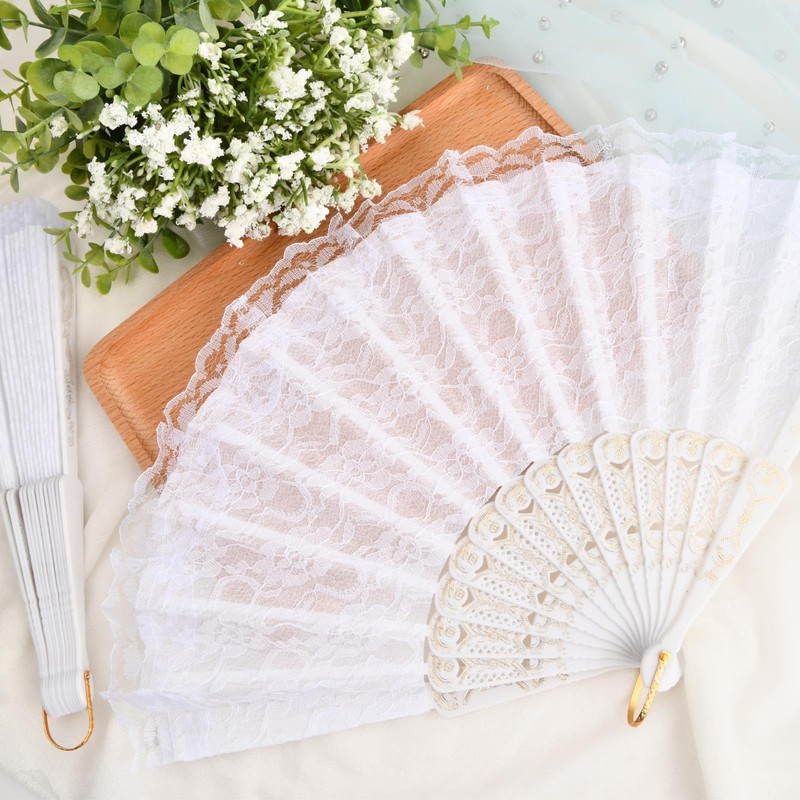 Elovara 10 Pcs White Lace Embroidery Folding Hand Fans for
