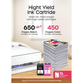 Remanufactured 63XL Ink Cartridges Replacement for HP Ink 63 Ink HP63XL Ink Cartridge Combo Pack for Envy 4520 4521 Officejet 4650 5258 3830 5255 4655 4652 DeskJet 3630 1112 (1 Black,1 Tri-Color)