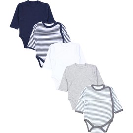 TupTam Baby Bodysuit Long Sleeve - Wrap Bodysuit Long Sleeve in Pack of 5 Cotton for Girls and Boys, Striped mix blue grey
