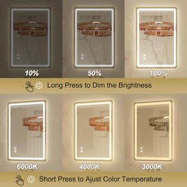 Jing yi ming jing 20"x 28" Gold Framed LED Mirrors for Bathroom, Wall Mounted Lighted Bathroom Vanity Mirror, Front and Backlight, Stepless Dimmable, 3 Colors, Anti-Fog, Memory, Smart Touch Button