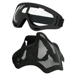 AOUTACC Airsoft Mask and Goggles Set, Half Face Full Steel Mesh Mask and Goggles for CS/Hunting/Paintball/Shooting (Black Mask)