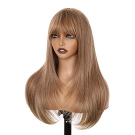 Warm Golden-brown Color Glueless Lace Front Wig For Women | 26 Inch Long Straight Layered Synthetic Wig With Curtain Bangs | Heat Resistant, Wear & Go, No Glue Needed | Cosplay & Daily Use