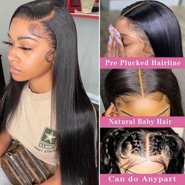QWedafy Straight Lace Front Wigs Human Hair Pre Plucked 200 Density 13x4 HD Transpatent Human Hair Wigs for Black Women Straight Lace Frontal Wigs Human Hair Natural Color (34inch)