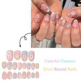 Flowers Press on Nails Short Almond French Tip Fake Nails with Glue Blue Pink Flowers Design Acrylic Nails Glue on Nails for Women DIY Nail Salon Party Nail Decoration 24Pcs