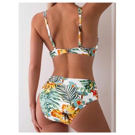 MakeMeChic Women's 2 Piece Floral Bikini Set Ring Linked Underwire High Waist Bathing Suit Swimsuit White X-Large