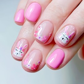 24Pcs Pink Easter Bunny Press on Nails Square Short Fake Nails Flower French Tip Glue on Nails Easter Bunny Design Acrylic Nails Bunny False Nails Stick on Nails Glossy Artificial Nails for Women Girl