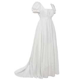 Vibsion Womens Regency Dresses Elegant White Puff Sleeve Empire Waist Jane Austen Dress Victorian Retro Ball Gown S