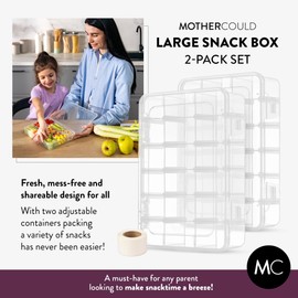 Large Kids Snack Box Containers Set of 2 -100 Labels, BPA-Free, Adjustable Compartments, Dishwasher Safe, Reusable Tray, Food Grade, Meal Prep Container, PARENT TESTED PARENT APPROVED AWARD (Clear)