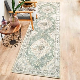 MUJOO Hallway Runner Rug 2'x8' Green Long Rug Runners Boho Machine Washable Non Slip Carpet for Entryway Kitchen Bathroom Bedside Retro Soft Low-Pile Blossom