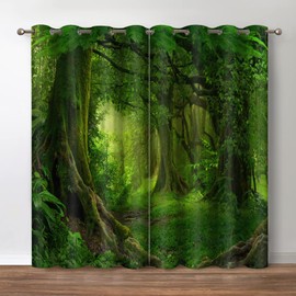 Jekeno Forest Blackout Curtains Tropical Rainforest Green Tree Jungle Woodland Nature Scenery Print Decor House Bedroom Apartment Living Room Darkening Grommet Window Drapes 2 Panels Set,52x84 in