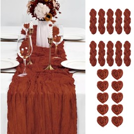10PCS Terracotta Cheesecloth Table Runner 10ft Boho Gauze Fabric Cheese Cloth Table Runner Comes with 10 Cloth Napkins Runner for Romantic Wedding Birthday Shower Party Table Decoration