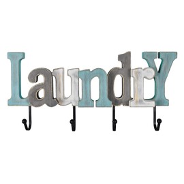 Teal Wooden Letters Sign Decorative Wood Block Signs Hanging Ornament Rustic Home Decor - Towel Hanger Key Holder for Bedroom Entryway Bathroom Word Cutout with 4 Hooks (Laundry)